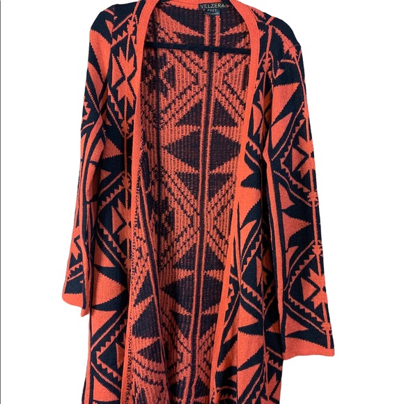 Velzera Free Boho Orange and Black Long Open Front Cardigan Sweater, cotton - Picture 1 of 6